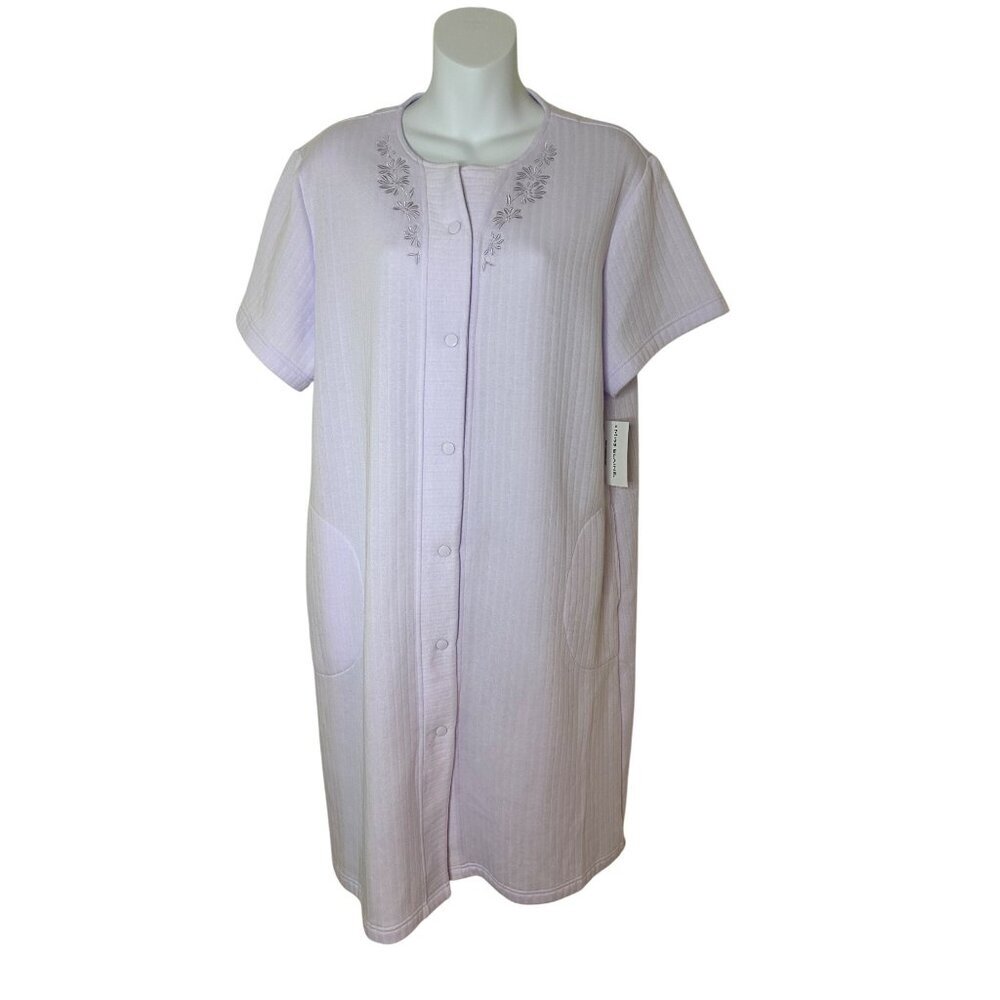 Miss Elaine Womens Short Sleeve Embroidered Snap Front Duster Housecoat Large